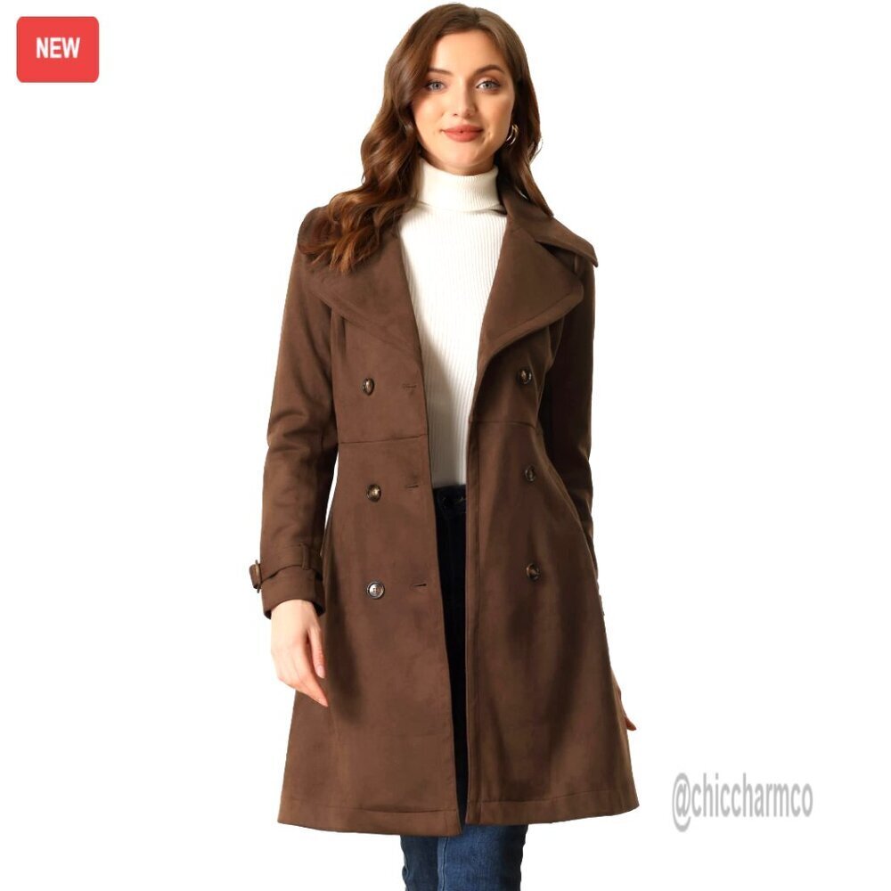 Faux Suede Trench Coat Double Breasted Overcoat Adjustable Belt